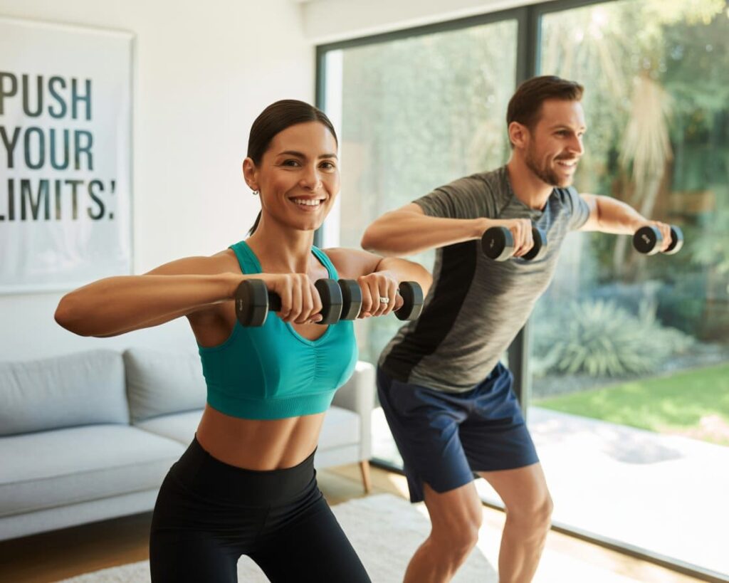 Hombre-y-mujer-haciendo-ejercicio-en-casa