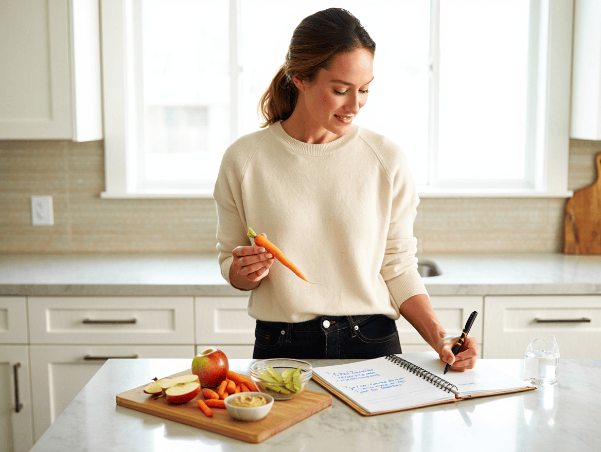 Mujer con comida saludable y apuntando en sus notas