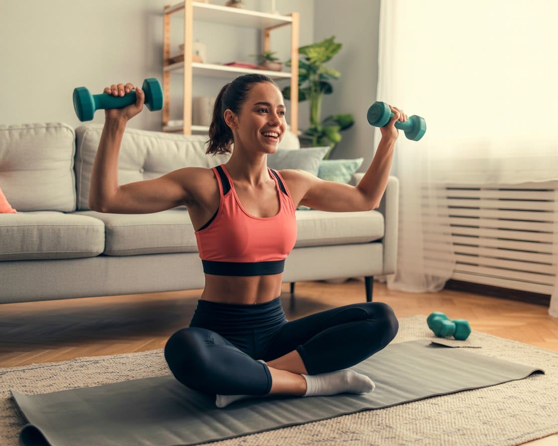 Mujer-con-pesas-sentada-en-una-esterilla-feliz