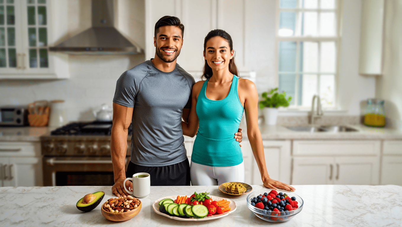 Mujer y hombre hablando, tienen comida saludable enfrente