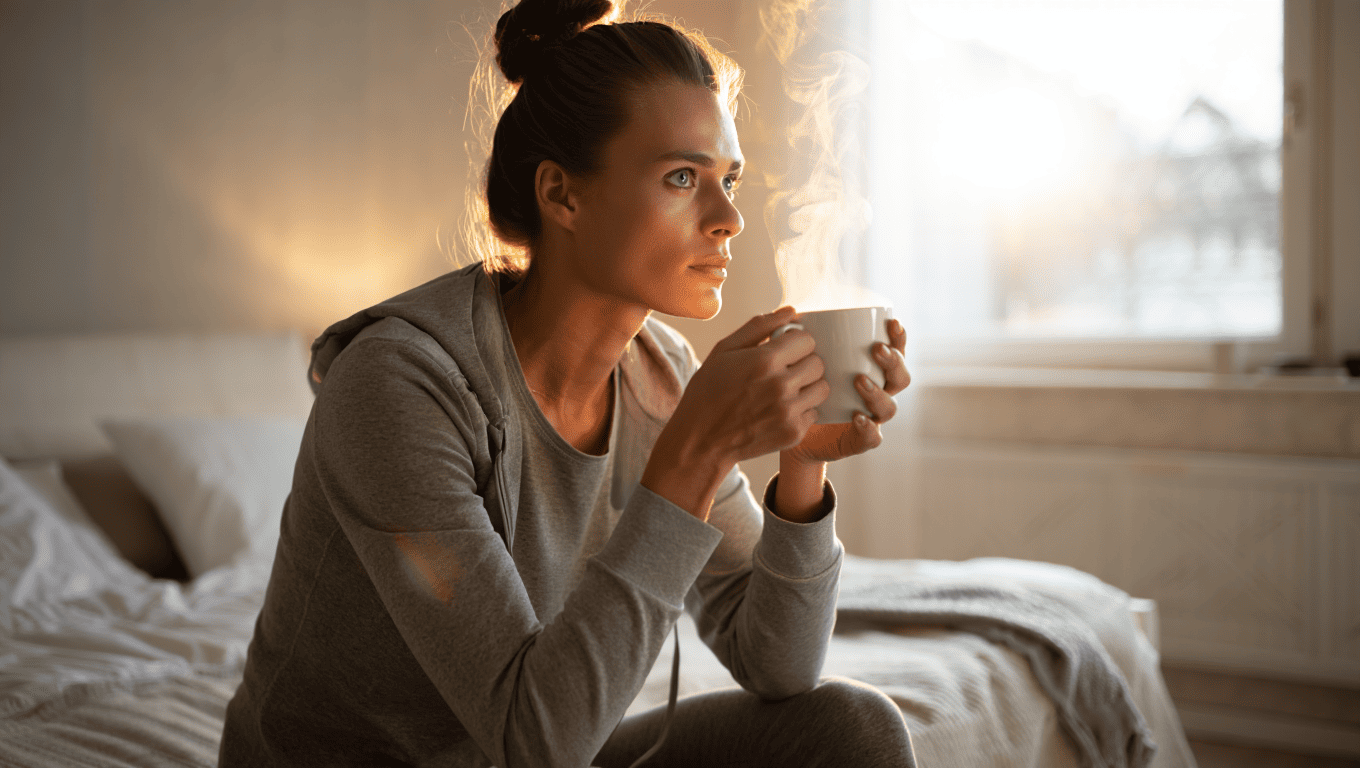 Mujer tomando un cafe recien levantada