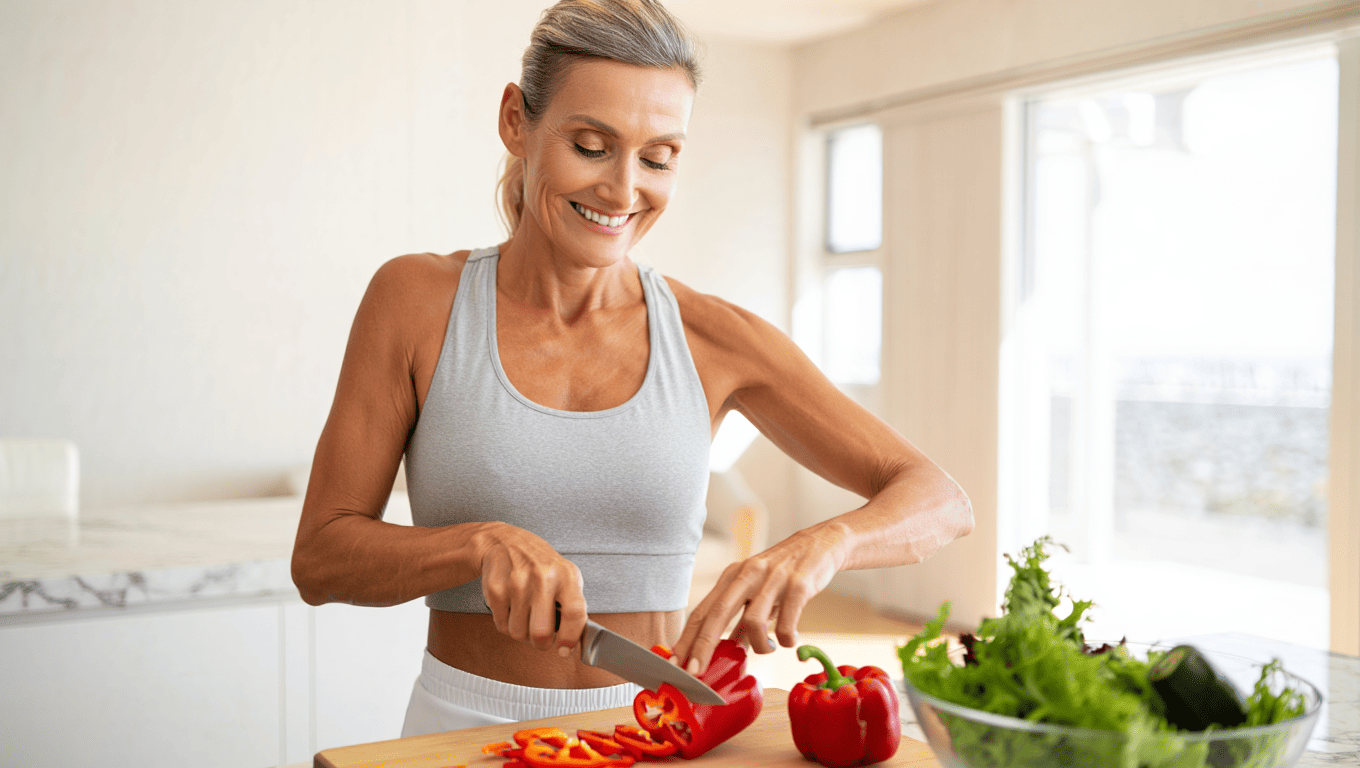 Mujer de 50 años en la cocina con comida saludable.