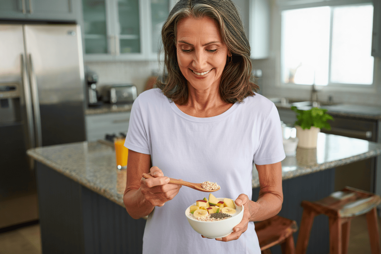 Mujer preparando desayuno en su cocina moderna